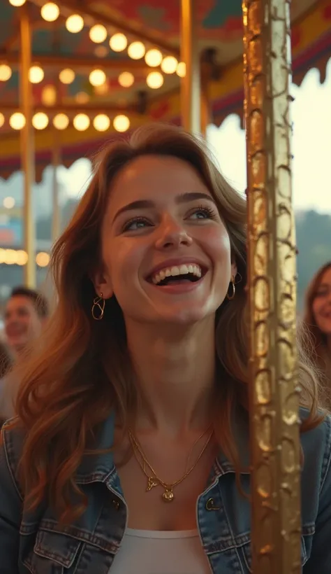 (photorealism:1.2) . "A close-up of a young woman laughing intensely while on a moving carousel, with lights flashing in the background. As the carousel slows down, her expression changes to a contemplative one, looking into the distance