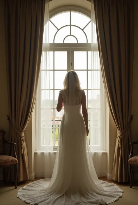 The bride is in the room in front of the window, looking out the window with her back to the balcony