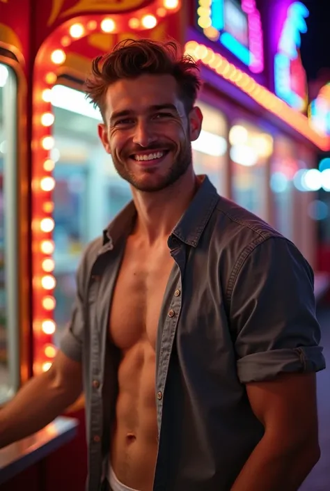 A tall, hot, handsome, muscular young man in his 20s works as a carnival game operator, standing in front of a colorful booth with a warm smile as he encourages players to try their luck. His smooth white skin contrasts with the vibrant carnival lights, an...