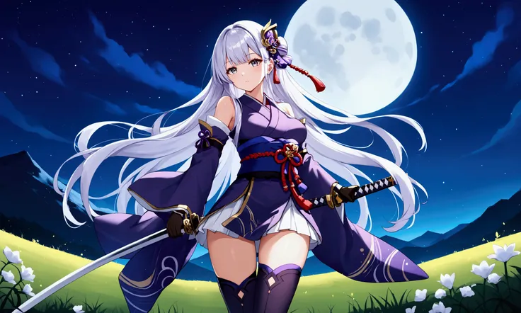 White hair, long hair, gloves, detached sleeves, kimono, female, long sleeves, ribbon, solo focus, thigh-highs, starry sky, bow, Japanese clothes, star (sky), very long hair, holding katana, hair ornament, grey eyes, night, simple background, night sky, or...