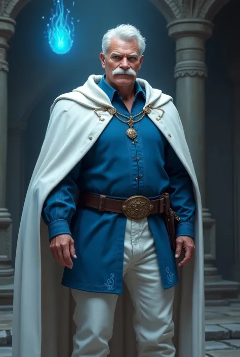  a 60-year-old wizard man ,  DUNGEONS AND DRAGONS style , rpg,  white but well-cut hair ,  with a very large, trimmed mustache , but without a beard, a very square chin , blue eyes, Noble style, And a white cloak ,  athletic and very handsome and well pres...