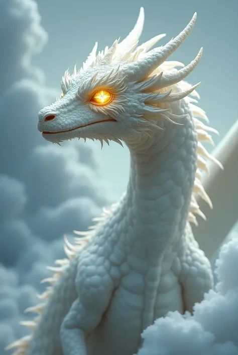  a white dragon , with yellow eyes, white pupil that is star-shaped and bright