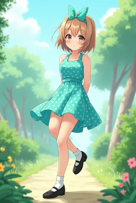 anime, female, light brown hair, athletic body type, sleeveless turquoise dress, polka dots, a-line skirt, knee-length skirt, turquoise hairband, black mary jane shoes, white socks, happy, long hair, round neckline, beautiful, garden, subtle muscles in arm...