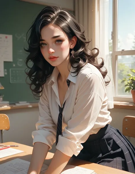 woman dressed as a sexy white schoolgirl with curly black hair