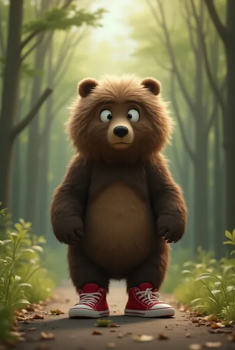 Step 2: Realization of Something Strange
Scene: The bear’s peaceful walk is interrupted.
Description: The bear pauses in his tracks, sensing something odd. His large eyes widen as he looks around, confused. A subtle breeze rustles the leaves. His red sneak...