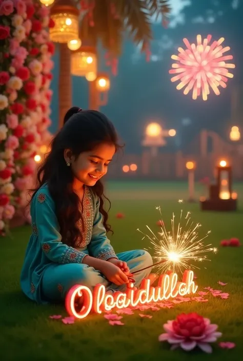 

 "a  indian, pretty, stylish hair, smiles girl embellished teal outfit sits on a green lawn,focusing intently as she creates a 3D design of name in beautiful light the name is "OBAIDULLAH " in 3d text with red,pink rose in her lap while a sparkler lights...