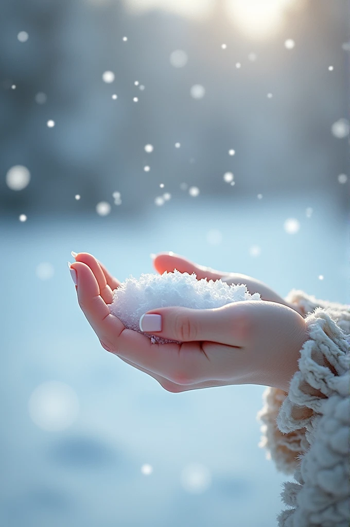 A female hand holding snow in snowy background