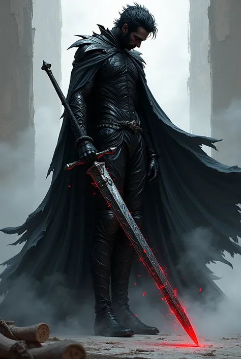 ephemeral black rock sword male, fashioned from digital painting, embodies a striking fusion of spectral power and fashion-forward design. The full-body vinylskin-esque form strikes an leaning strikes wearing capes, sadness loss his souls at wallpaper of t...