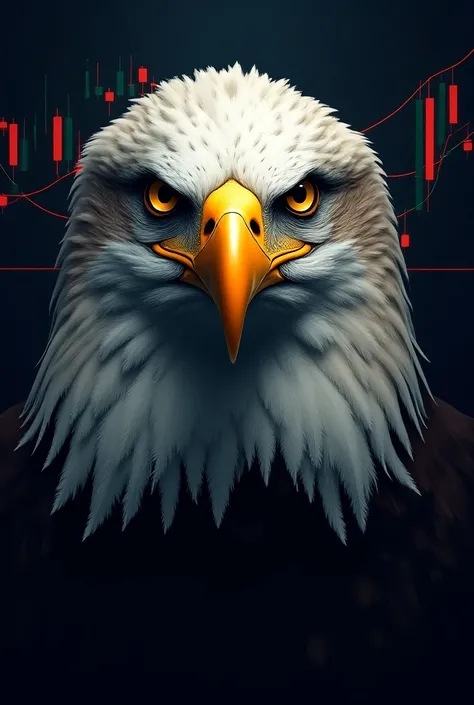 The face of a bald eagle in the forehead against a Japanese candlestick chart on forex