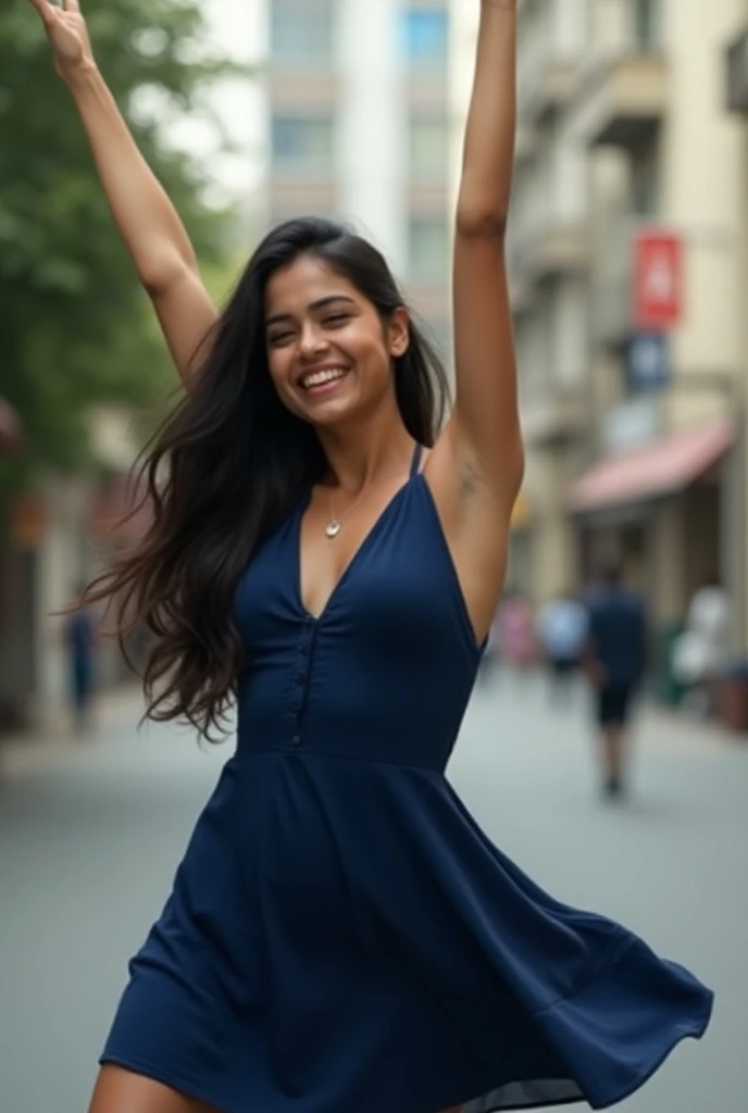 A Indian college girl in dark blue sleeveless western dress swinging her arms in air showing her armpits 