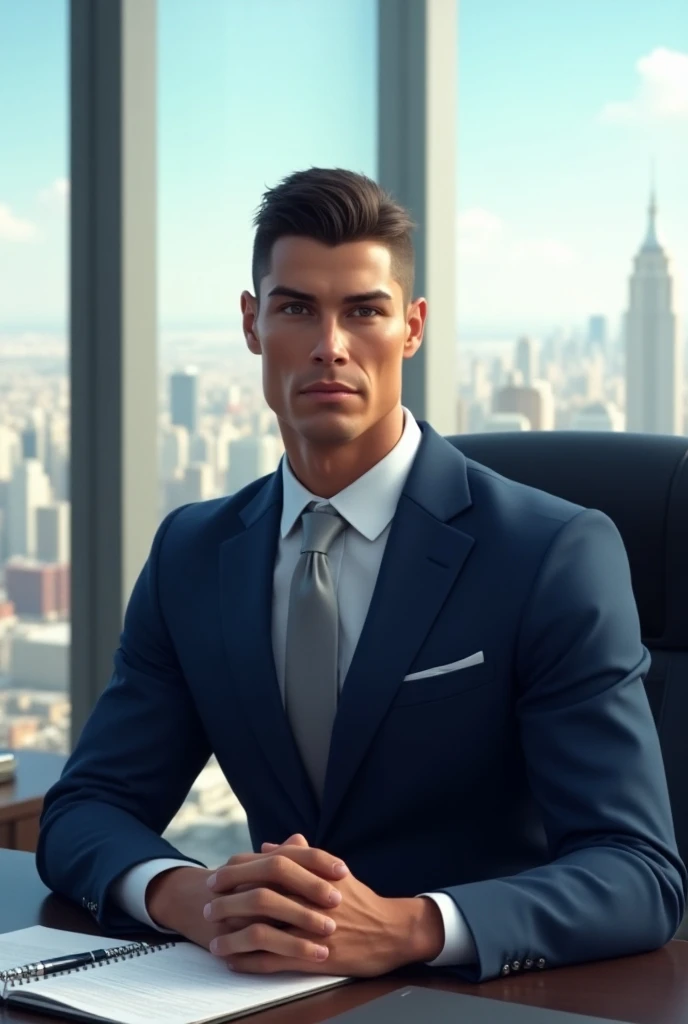 "Create a detailed digital illustration of a businessman inspired by Cristiano Ronaldos appearance, wearing a tailored navy blue suit with a crisp white shirt and a silver tie. He is sitting confidently at a modern executive desk in a high-rise office with...