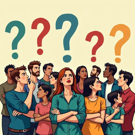 "Create a comic book and digital art-style scene showing a diverse group of people—men, women, and ren—standing or sitting in various thoughtful poses. Each person appears deep in thought, with their hands on their chins, crossed arms, or looking up in con...