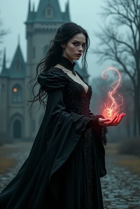  Create a realistic cover for my book ,   Say vampire mafia ,  the image must have in the background a girl in a vampire costume and powers in her hands,  the girl is outside a dark castle .