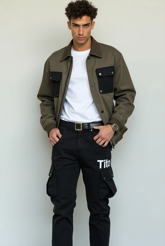 Give me an image with a model , Dressed in a Belize with black cargo pockets it is a white t-shirt underneath it is black cargo jeans with the logo with the name TITO