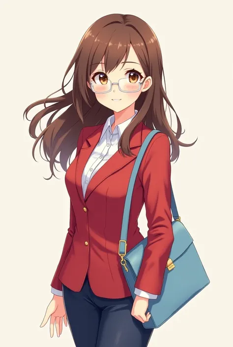 Anime girl has white glasses, wears a red school uniform, navy blue pants, and a sky blue school bag. She smiles lightly, her hair is brown, her eyes are hazel, and her features are beautiful. 