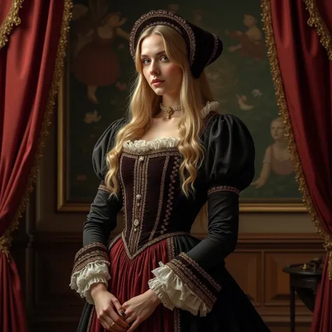 Women with blonde hair wearing a black, red and maroon tudor style dress and a french hood in her head in her room of the medieval castle
