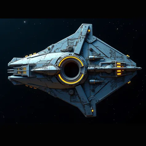 Make an alien spaceship in the style of the Destiny from Stargate. With impressive weapon systems. Blue and yellow lights with a whole in the middle for transfusion drive.