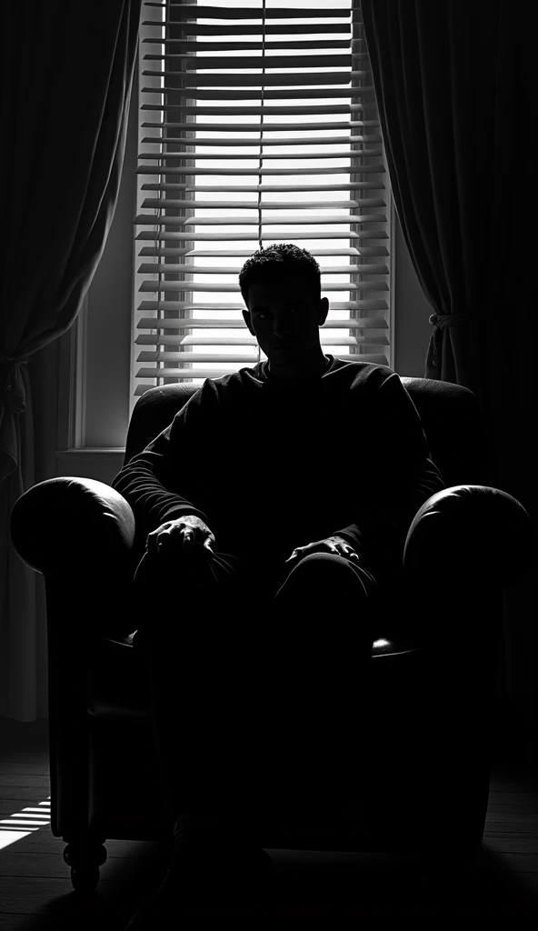 
Create a high-contrast illustration of a woman sitting alone in a dimly lit room. The setting should feature Venetian blinds that cast sharp shadows and streaks across his face and body, highlighting his silhouette against the darkness. Position the man s...