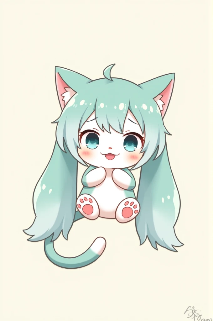 Hatsune miku as a cat, cartoon, blank background 