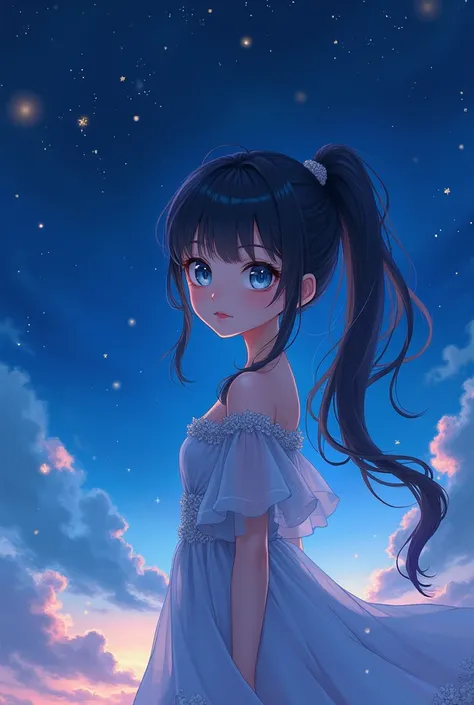 Anime Fantasy girl, ponytail, looking at us, starry sky