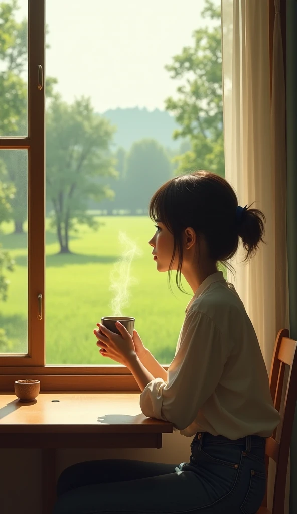 Create a real image A table a person with a hot cup of coffee with a window overlooking the trees field bring a sense of peace and slow down 