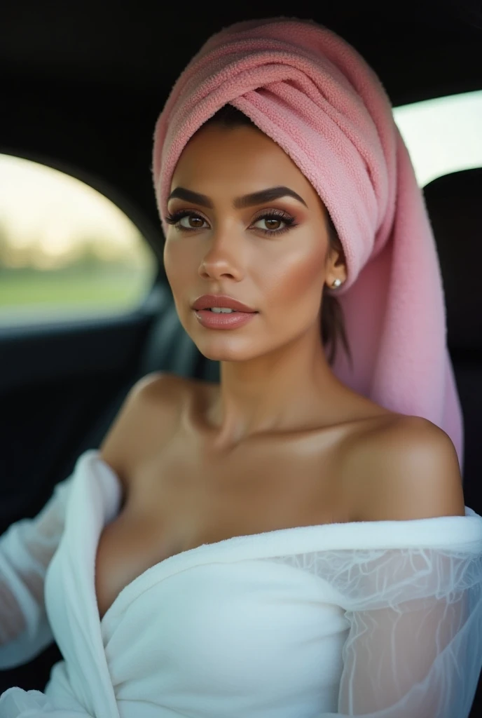 A sexy still very young looking 50 yearsold mature cuban girl with a pink hair towel completely covering her head she is getting married wearing a bathrobe in a car driving a sport car full bod y view High-k ey lighting Style, 1girl, sol o,gray hair, compl...