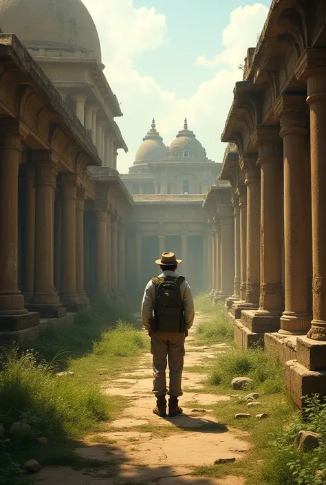 Centuries later, an archaeologist or historian standing amidst Nalandas ruins, imagining its former glory.

