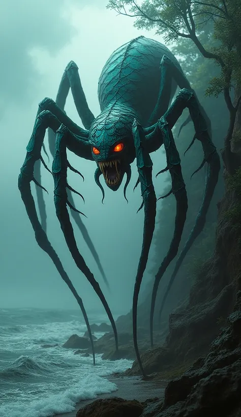 "Create an ultra-realistic masterpiece of a hybrid creature that fuses the traits of a spider and a sea serpent. This legendary titan should feature the elongated, segmented body of a sea serpent covered in iridescent scales that shimmer in hues of deep bl...