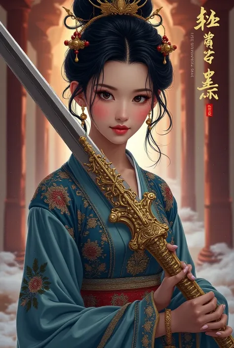 An asian princess with a royal outfit holding an oversized sword with grace from skyrim, by Artgerm and Greg Rutkowski and Alphonse Mucha, smooth draw, synthwave neon retro, intricate, ornate, trending on artstation