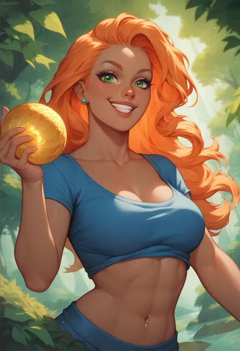 A girl, Long orange hair, blue clothes, eleven,  green eye color,  brown skin color ,  using a Baculo and a red stone in the center, forest,  smiling,  kinship of 27 years or older ,  breasts not to see , Golden Baculo ,  red and gold light wave , Good ang...