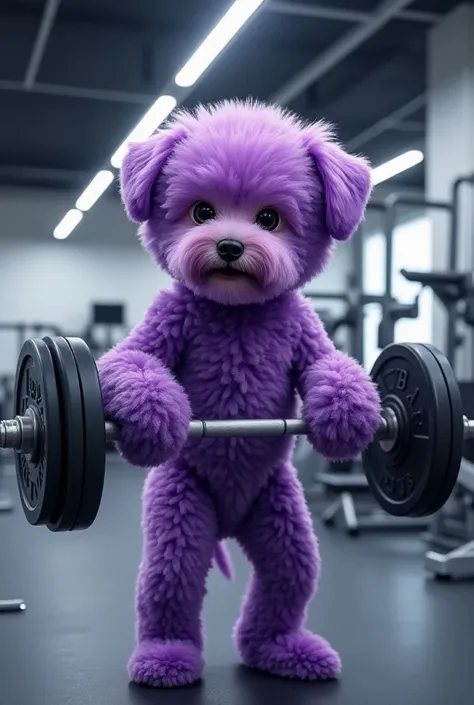 A purple-haired bichon dog at a gym lifting weights on both discs is written 1B