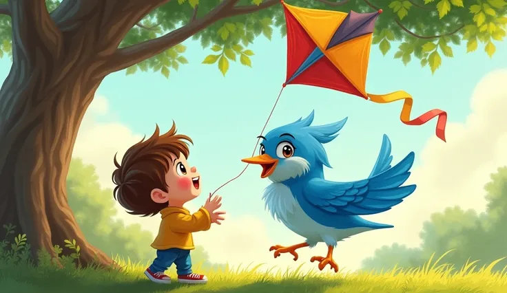 A friendly bluebird appears, chirping at Timmy.

The bird flies up to the tree and carefully pecks at the kite’s strings, freeing it.

The kite floats gently down into Timmy’s hands.