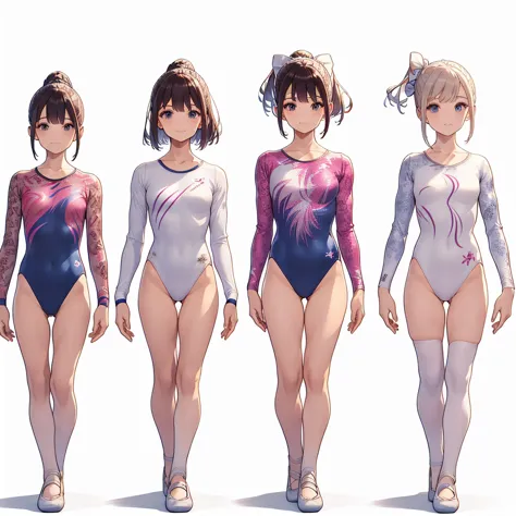 Gymnastics club,(3 girls:1.3),(long sleeves leotard:1.3),(brocade pattern leotard:1.3),(white leotard),full body, pony tail, blue ribbon, long hair,(gymsuit:1.3),over 20 years old, under 25 years old:1.2), ballet shoes, white background