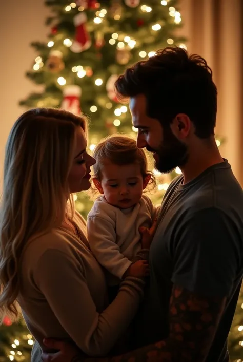  A family in front of the Christmas tree , a blonde woman, a black-haired man tattooed , And a little one-year-old girl with brown hair 