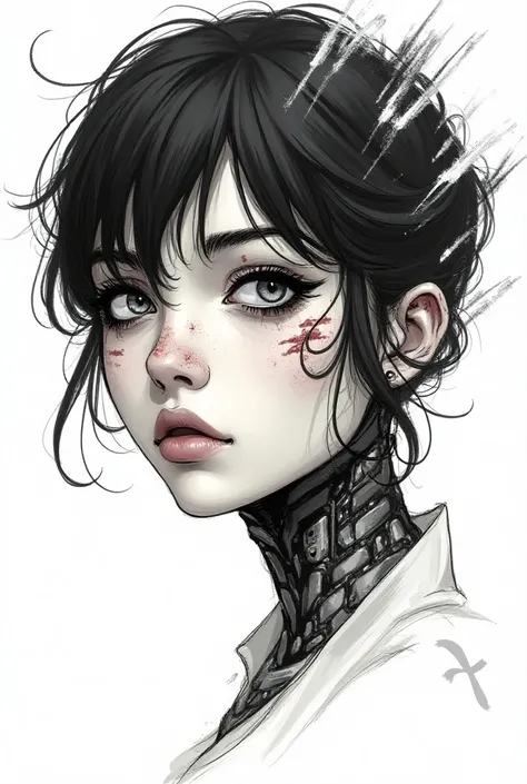 A detailed rough brush line illustration artwork of a manga style women girl with bruises and cyber look with robotic cracks with white background 