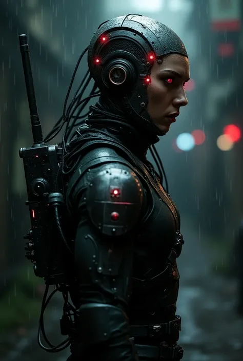  A futuristic warrior with cybernetic features ,  using an advanced technological helmet with displays illuminated by red lights.  The face is marked with metallic details and circuits , in a cyberpunk style.  The equipment around the body includes cables ...