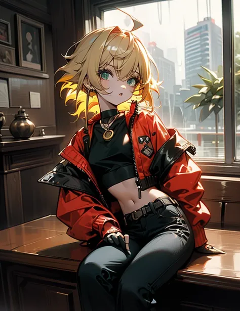 1 girl, solo, parted lips, yellow hair, big hair, messy hair, green eyes, red choker, ((((black crop top)))), ((crop top under jacket)), ((((open jacket)))), ((white jacket)), midriff, navel, black fingerless gloves, ((black pants)), baggy pants, belt, lea...