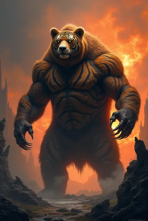  Create a monstrous hybrid creature that perfectly combines the characteristics of a tiger and a bear.  The creature must have the muscular body of a bear with sharp tiger stripes crossing its fur , a fierce bear head with glowing eyes, elongated claws and...