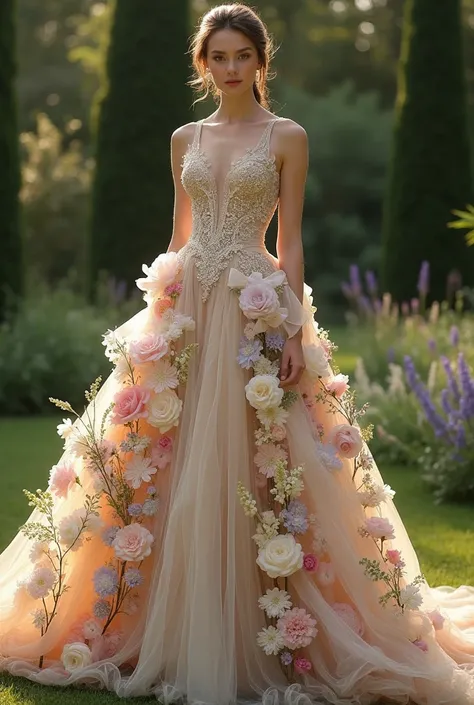  Create a dress with the following specifications: :  The base of her bodice is a semi-transparent beige silk covered with cream velvet ribbons that criss-cross down to the hips .  From there, there are pastel flowers starting at the hip all over the skirt...