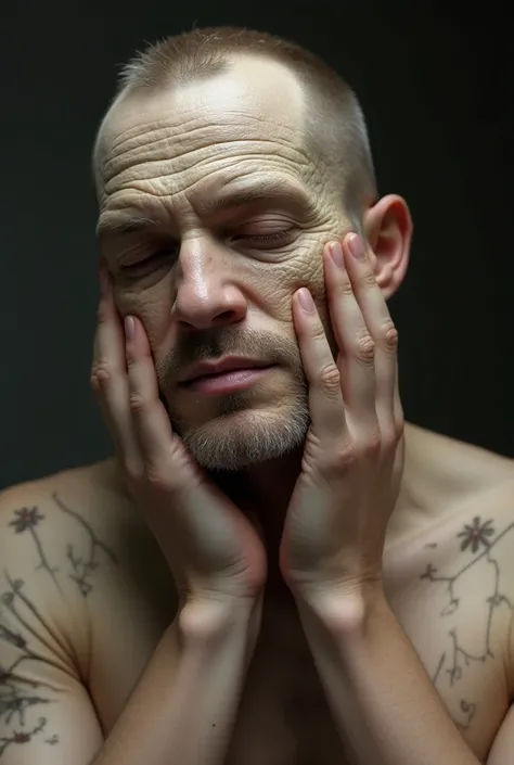 A MEN shedding a layer of old skin, like a snake molting, revealing a fresh new layer underneath. The image could show a subtle time-lapse effect, with one person’s skin transforming over the course of a month.