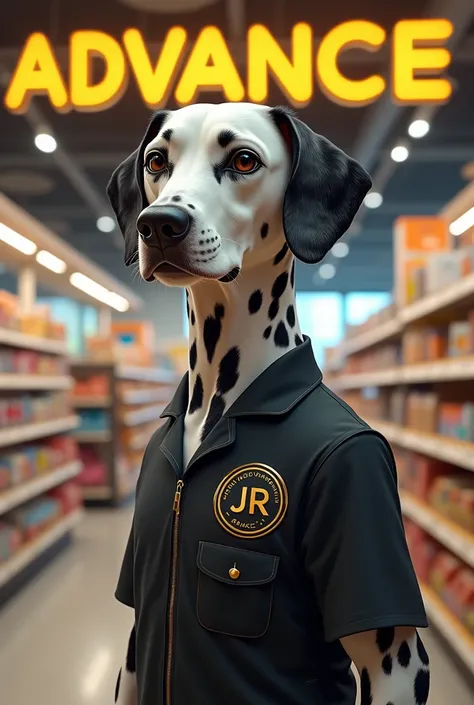 A Dalmatian dog in a work uniform that has a logo in the shape of a circle that says J Y R in gold capital letter and the logo below that says advance, in a large pet supermarket , In the supermarket that says animal shop on a luminous sign in gold color 