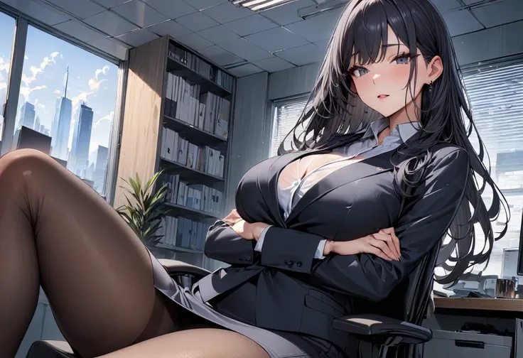 (masterpiece, best quality, ultra detailed, high resolution, detailed facial description), (1 woman:1.3), office lady suits, pencil skirt, large breast, long hair, black hair, black pantyhose, arms crossed, open legs, sitting on the office chair, office ro...