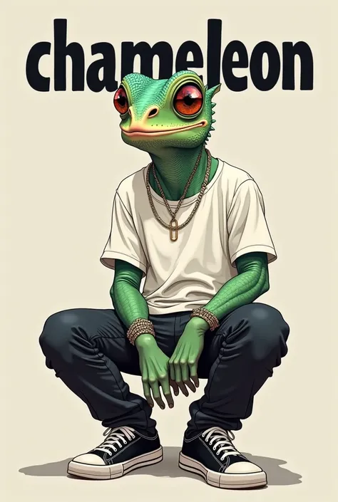 camellion sitting wearing tshirt and necklace and pants and shoes, text say "chameleon" above and text sa "Streetwear" below. 