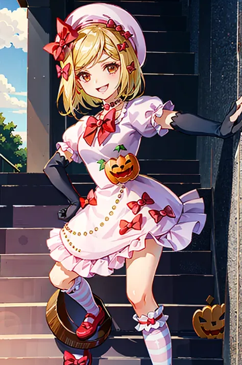 (masterpiece),(best quality), lambdadelta, dress, shoes bow, red shoes, striped stockings, red bow, pink hat, pumpkin brooch, necklace, gloves, pearl, walking, smile, stairs, temple, mountain, forest, looking at the viewer,