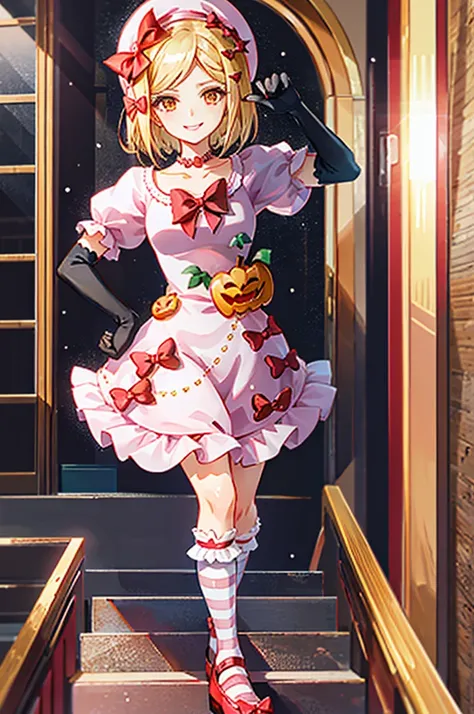 (masterpiece),(best quality), lambdadelta, dress, shoes bow, red shoes, striped stockings, red bow, pink hat, pumpkin brooch, necklace, gloves, pearl, walking, smile, stairs, temple, mountain, forest, looking at the viewer,