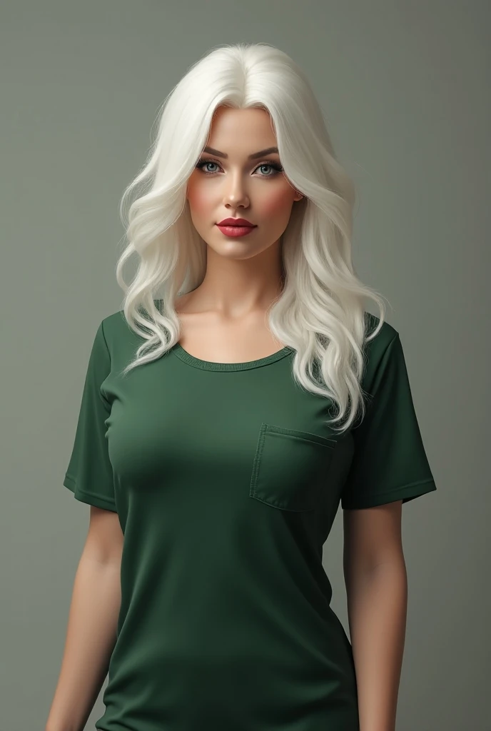 White women,  complete white skin colour , white long hair in her 40s with realy big  boobs that dont revealing but you can see some of them in the top, smooth green t-shirt with tiny pocket in the left side of the shirt .

Much Bigger boobs, less lipstick...