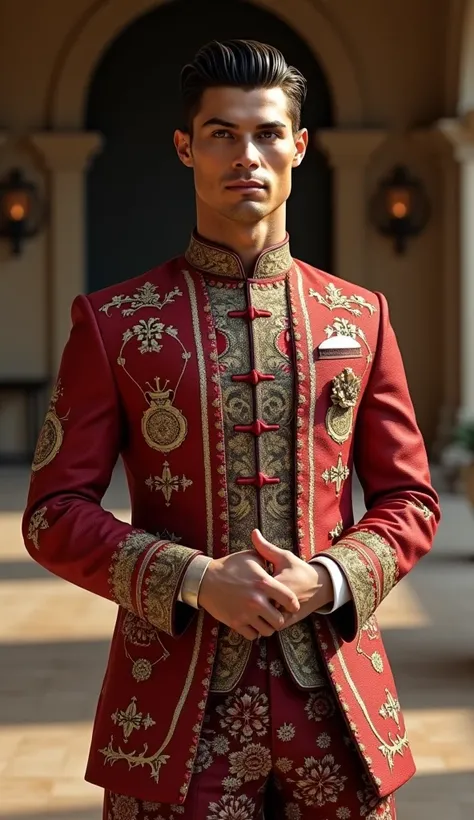 "Create a highly detailed and realistic image of a man resembling Cristiano Ronaldo wearing a traditional suit. The suit should be a formal, elegant traditional outfit, richly decorated with intricate embroidery and cultural patterns. The setting is sophis...