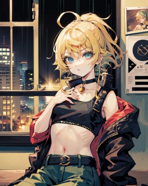 1 girl, solo, parted lips, yellow hair, big hair, messy hair, green eyes, red choker, ((((black crop top)))), ((crop top under jacket)), ((((open jacket)))), ((white jacket)), midriff, navel, black fingerless gloves, ((black pants)), baggy pants, belt, lea...