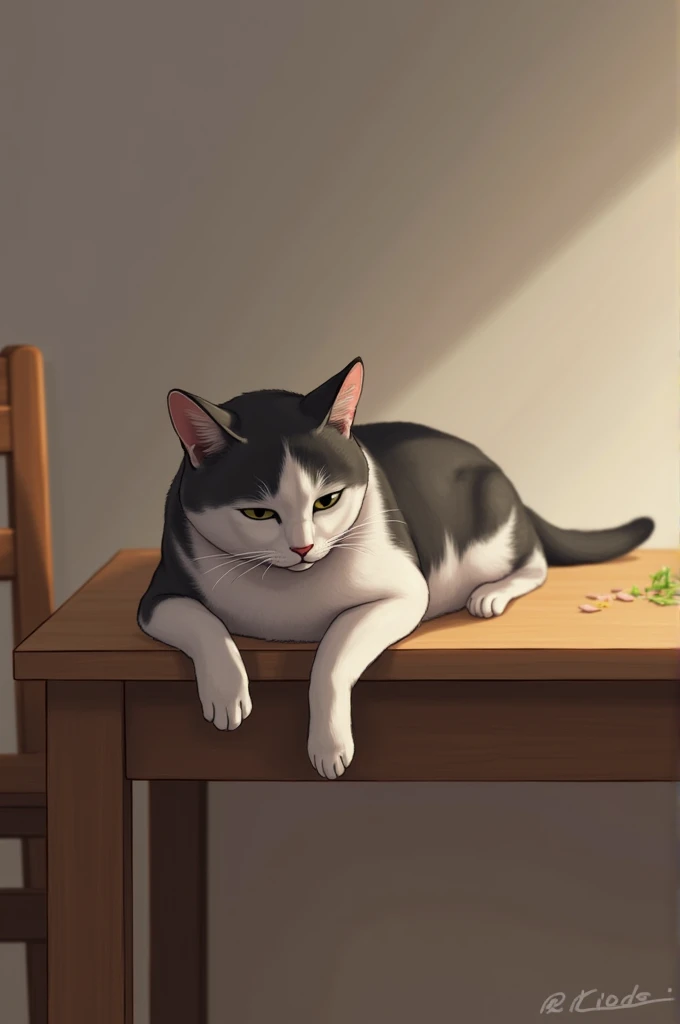 A cat setting on table and front foot on table 