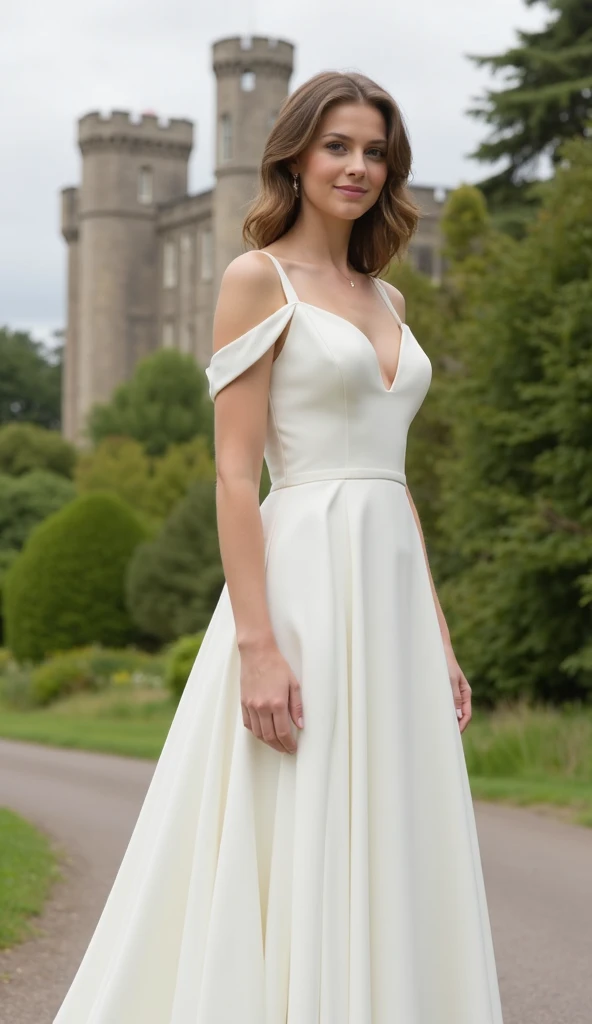 28 years old、 white English woman 。Height: 175 cm。 hair color、Light Brown。Eye color: blue。 wears a 、 wearing an off-white wedding dress。 Off Shoulder 。　 princess line dress 。V Line Neck 。 Back Train 、Long。 full body shot。Background、 outside Scottish castle...